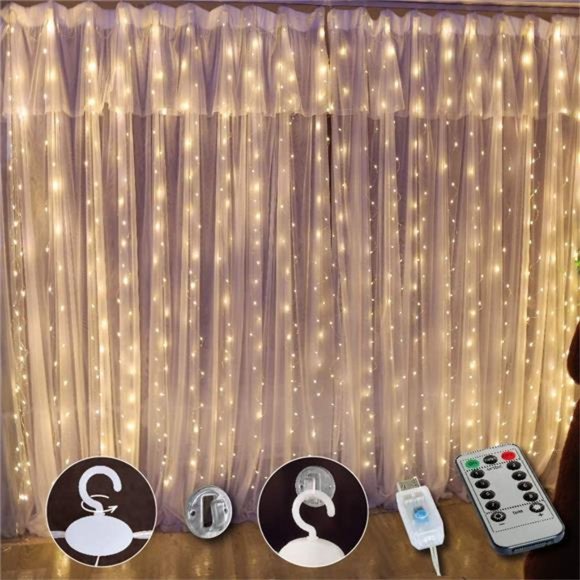 White Curtain Light Bedroom, 300 LED 9.8ftx9.8ft Curtain String Light w Remote - Picture 1 of 6